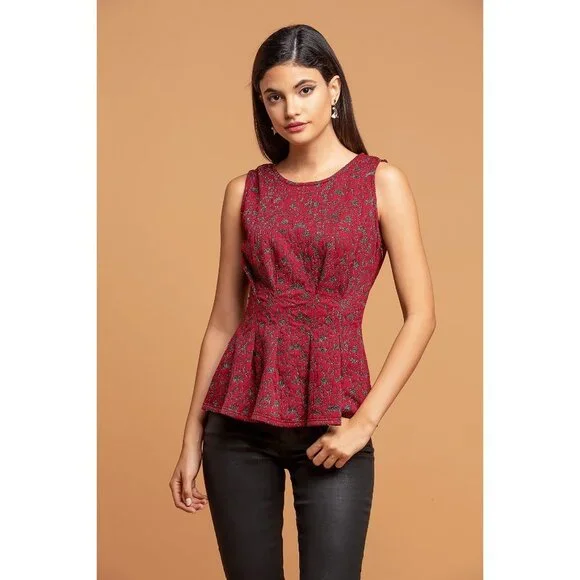 Anthropologie Eva Franco Metallic Sleeveless Peplum Top Tank Burgundy - Picture 5 of 5